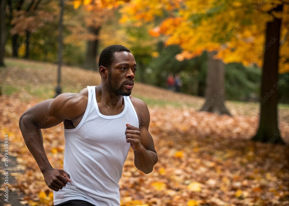 A muscular man in a white tank top runs with determination in a park, surrounded by autumn leaves, with sweat on his face, highlighting his commitment to fitness. A muscular man in a white tank top runs with determination in a park, surrounded by autumn leaves, with sweat on his face, highlighting his commitment to fitness.