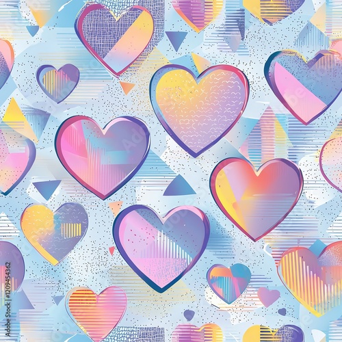 Pastel Hearts Geometric Pattern: A delightful seamless pattern featuring pastel hearts with a geometric design, perfect for Valentine's Day, or any romantic project.