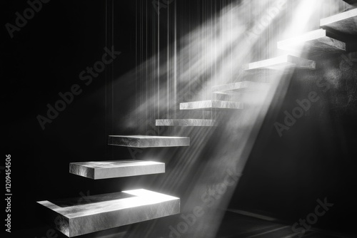 Floating steps lit by light in dark.