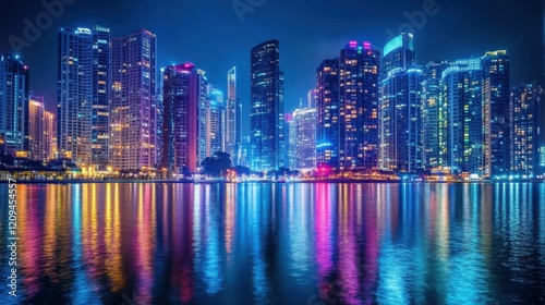 Wallpaper Mural Vibrant city skyline at night with colorful reflections on the water surface. Torontodigital.ca
