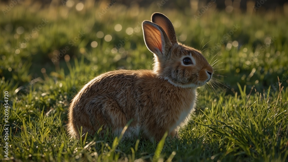 Fototapeta premium Peaceful Brown Rabbit Sitting in Green Grass Field Illuminated by Warm Sunrise or Sunset Light 