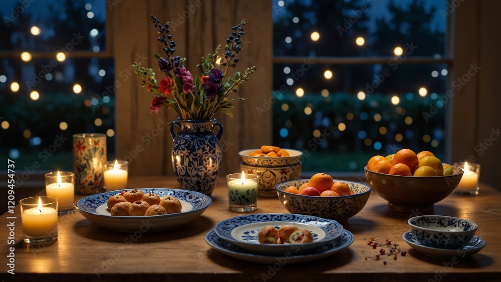 Naklejka premium Rustic Wooden Table Set for Cozy Evening with Candles, Blue and White Ceramics, Pastries, Fruits, Wildflowers, and Fairy Lights Against Evening Window 