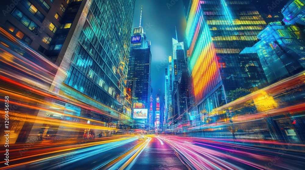 Fototapeta premium Vibrant cityscape at night showcasing colorful lights and dynamic motion.
