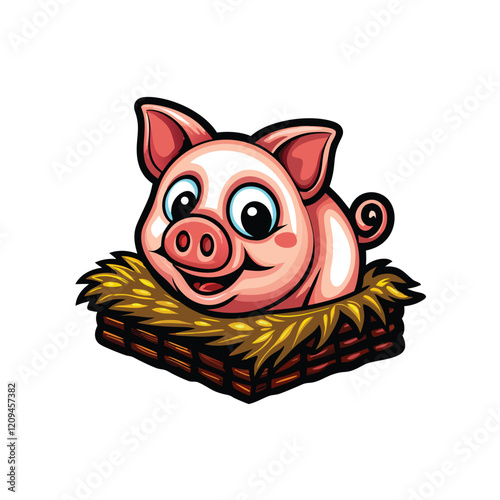 Illustrate a playful pig character with a mischievous grin and a playful pose, perhaps with a balloon or a toy. Focus on creating a charming and appealing cartoon-style icon.