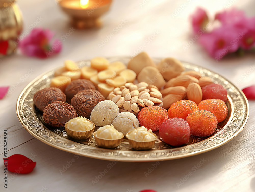 Decorative platter with almonds and traditional Indian sweets Decorative platter with almonds and traditional Indian sweets