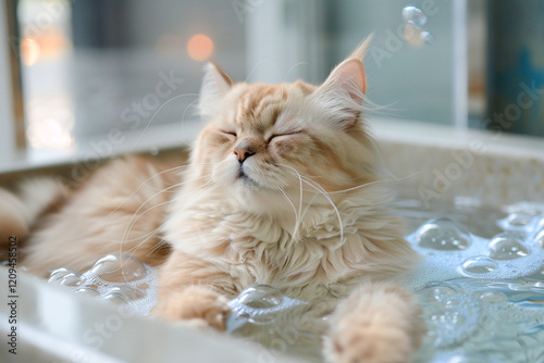 Chilled orange cat soaking in water, savoring a quiet and relaxing bath experience. photo