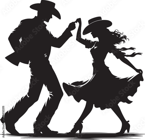 Silhouette of a cowboy dance. Cowboy man and girl dancer silhouette, illustration in black color. The image is generated in AI