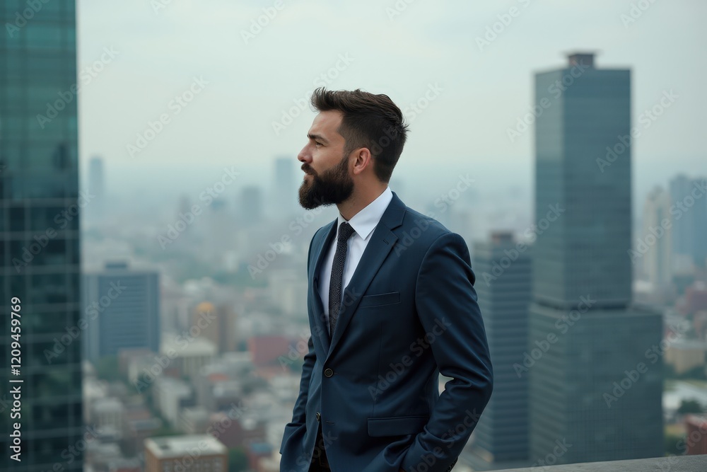Confident Businessman in a Suit Overlooking a Modern Cityscape at Dusk, Photographing Ambition and Urban Elegance Confident Businessman in a Suit Overlooking a Modern Cityscape at Dusk, Photographing Ambition and Urban Elegance