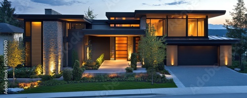 modern house design, contemporary architecture, luxury home exterior, scenic view, nature backdrop, sleek lines, warm lighting, residential building, sophisticated style, inviting entrance