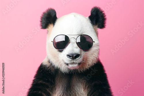 Panda in aviator shades, posing with a stylish look against a solid pink backdrop, radiating coolness.