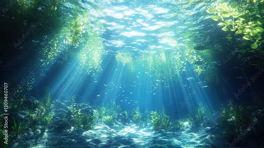 Fototapeta premium Underwater scene with sunlight filtering through clear blue water, tranquil and refreshing 