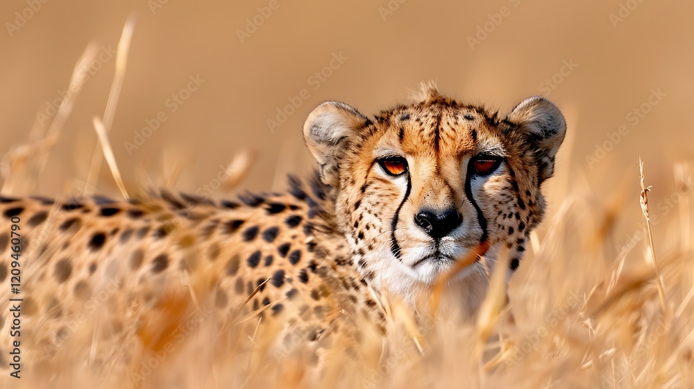 Obraz premium Cheetah in savanna grassland, alert gaze, golden light. Wildlife photography for nature documentaries