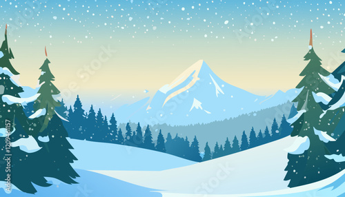 Winter landscape with coniferous forest and snowy mountains. Vector illustration.