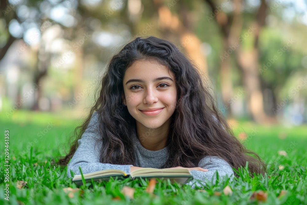 Portrait of a smiling, beautiful young female student with a book lying on the green grass in a park, looking at the camera and contemplating the future. Lifestyle concept, Portrait of a smiling, beautiful young female student with a book lying on the green grass in a park, looking at the camera and contemplating the future. Lifestyle concept,