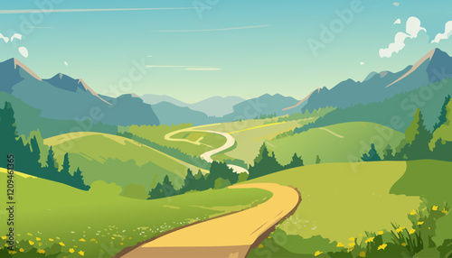 Landscape with road in the mountains. Vector illustration in flat style.