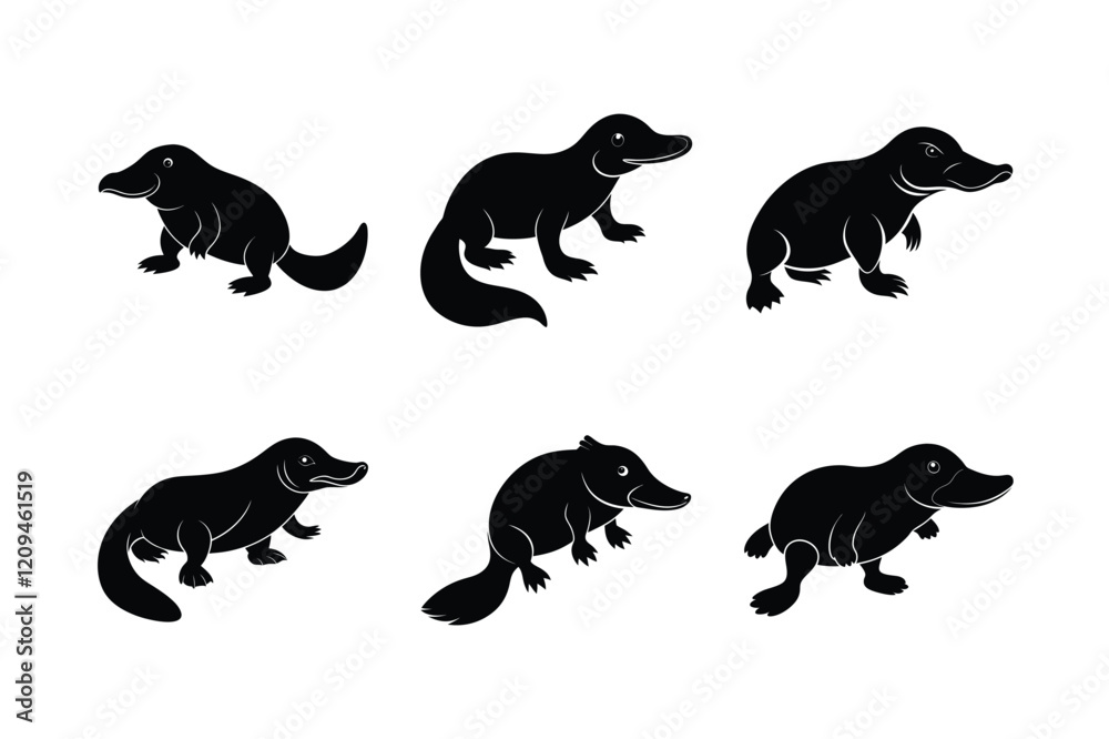 Fototapeta premium Platypus (Ornithorhynchus anatinus) mammal animal, labeled silhouette vector art illustration.