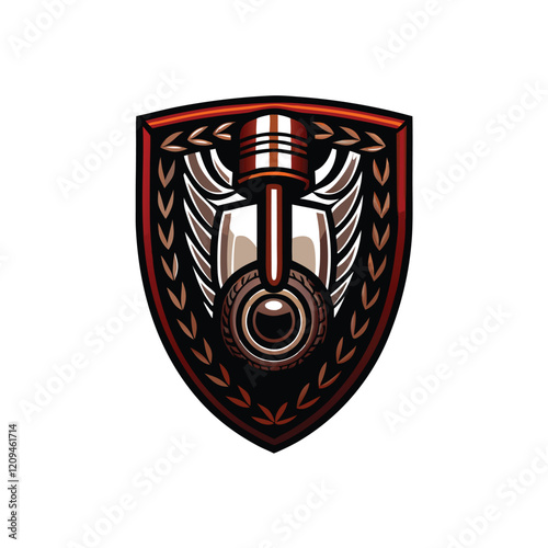 A stylized shield emblem featuring a powerful engine piston and a sleek motorcycle, symbolizing speed, power, and precision.