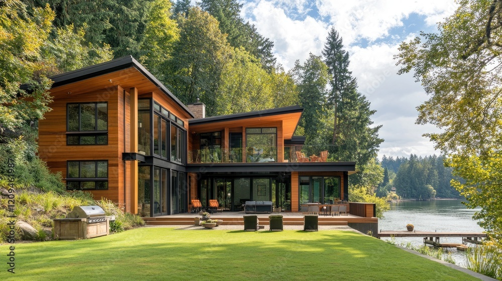 Elegant riverside house with an expansive lawn and a private dock for boating activities. Elegant riverside house with an expansive lawn and a private dock for boating activities.