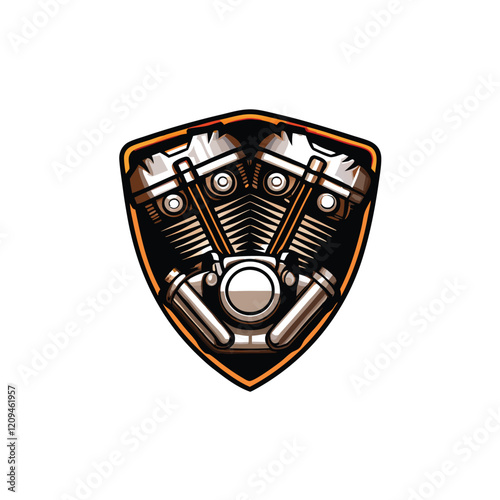 Design a shield-shaped logo featuring a detailed motorcycle, emphasizing speed and power.
