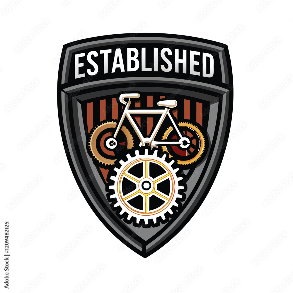 Design a shield-shaped logo featuring a classic bicycle gear as the central motif. Design a shield-shaped logo featuring a classic bicycle gear as the central motif.