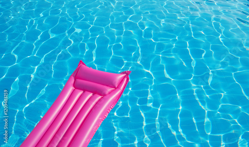 Pink inflatable mattress floating on water surface