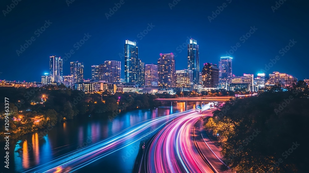 Fototapeta premium Austin Texas Skyline Night Cityscape Traffic Lights