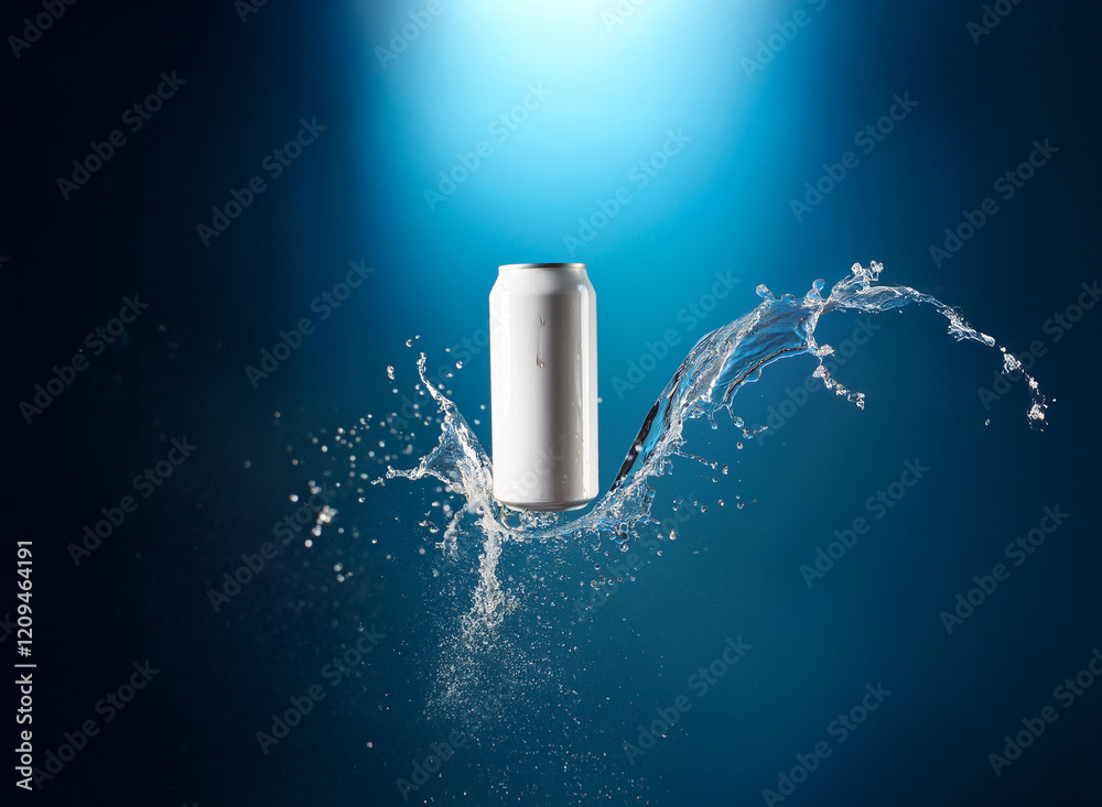 A pristine white aluminum can, seemingly suspended amidst a dynamic splash of water, is dramatically lit against a deep blue backdrop. The image evokes freshness and purity. A pristine white aluminum can, seemingly suspended amidst a dynamic splash of water, is dramatically lit against a deep blue backdrop. The image evokes freshness and purity.