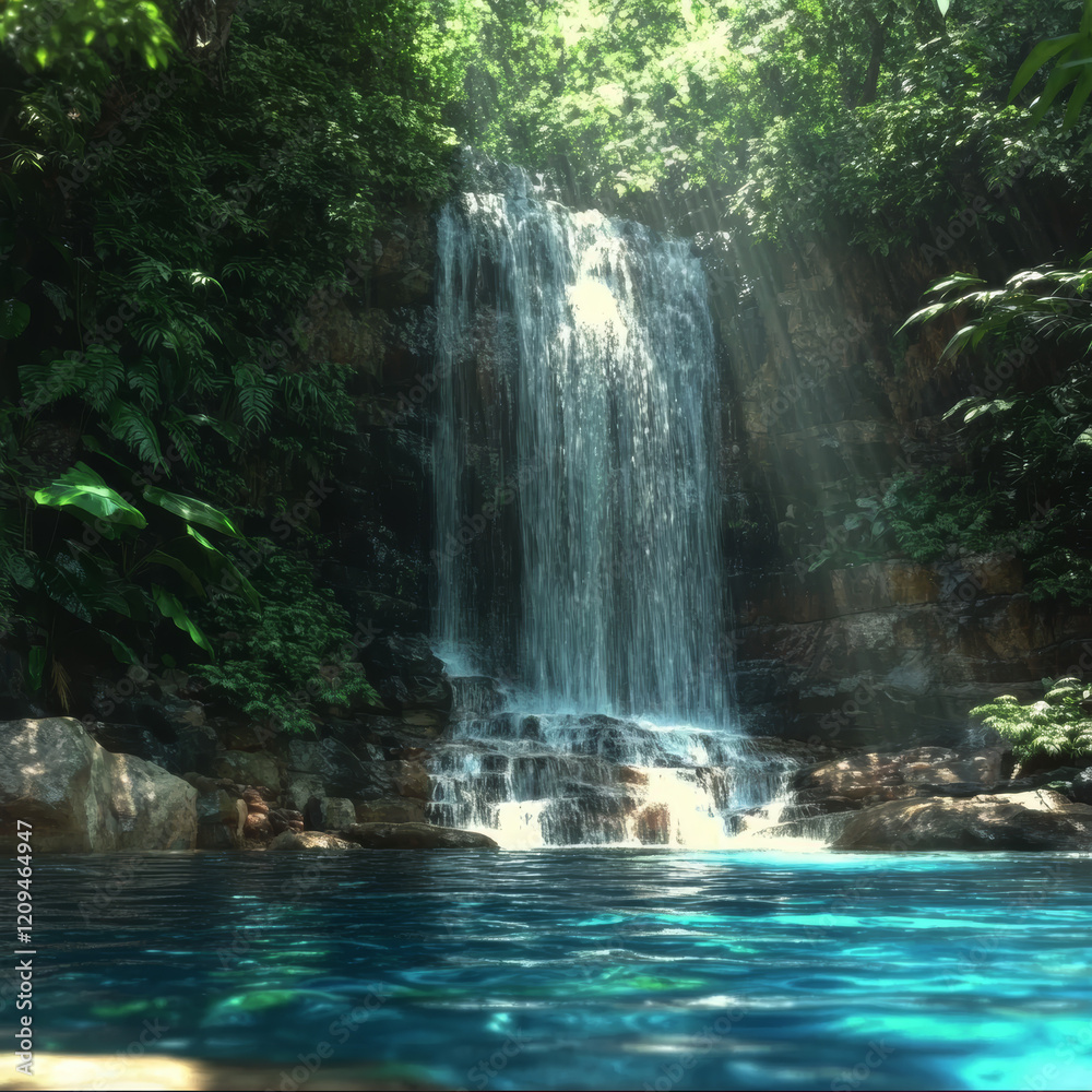 Naklejka premium Tropical Waterfall Cascading Into a Serene Emerald Pool Surrounded by Lush Greenery