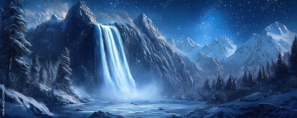 Fototapeta premium A majestic waterfall cascading down a mountain of glowing ice during the aurora borealis.