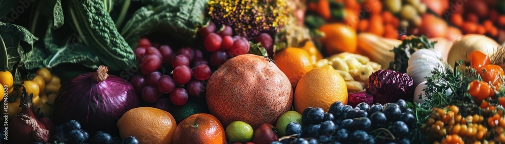 A vibrant assortment of fresh fruits and vegetables displayed. A vibrant assortment of fresh fruits and vegetables displayed.