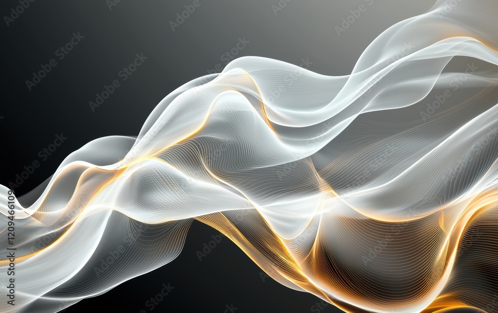 Naklejka premium Flowing white and gold lines forming elegant swirls, glowing softly on a gradient black-to-gray background