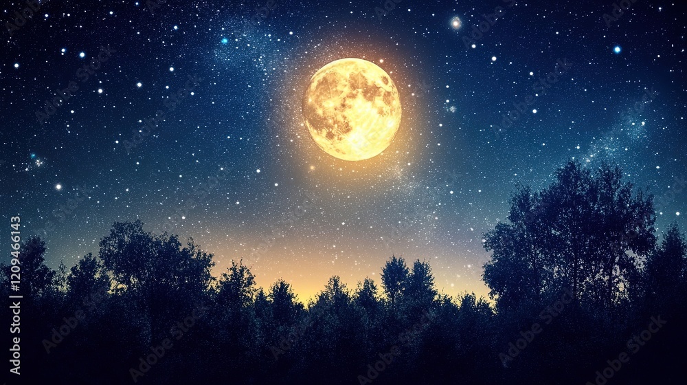 Naklejka premium Night sky with a full moon and starry landscape, serene and enchanting 