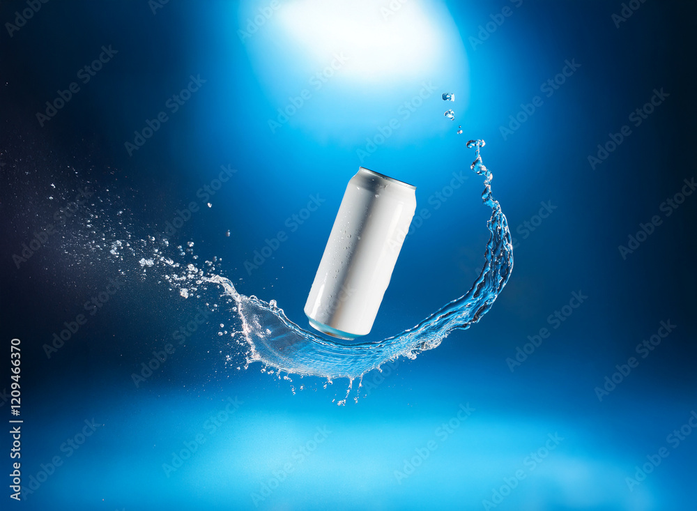 A white aluminum can, seemingly weightless, floats amidst a dynamic splash of water against a vibrant blue backdrop. The scene is dramatically lit, highlighting the can and the water's movement. A white aluminum can, seemingly weightless, floats amidst a dynamic splash of water against a vibrant blue backdrop. The scene is dramatically lit, highlighting the can and the water's movement.