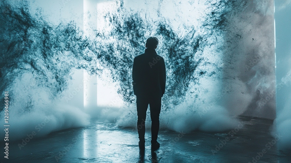 Obraz premium Surreal Man in a Foggy Blue Landscape