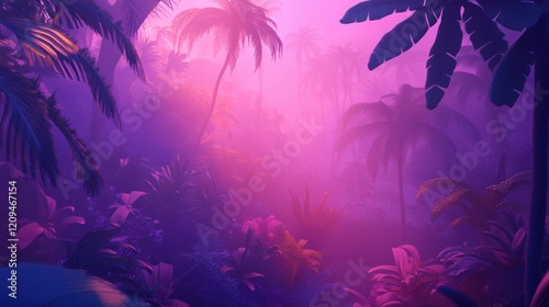 Wallpaper Mural Vibrant tropical scene with lush palm trees and mystical purple mist. Torontodigital.ca