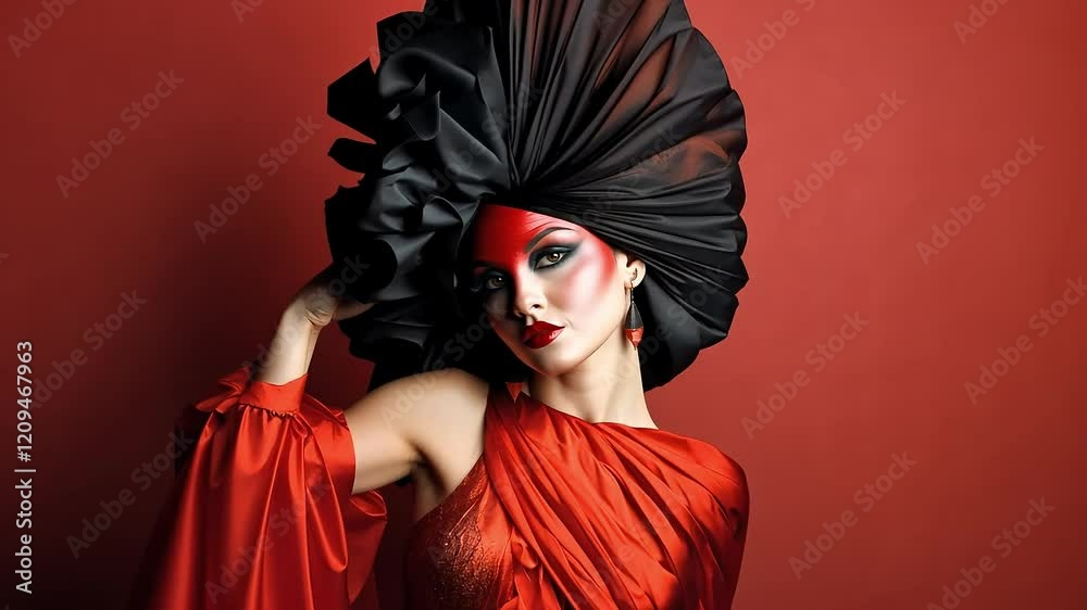 Fashion model wearing bold red dress, dramatic black headdress, creative makeup, posing against vibrant red studio backdrop