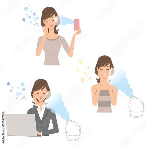 肌の乾燥対策に加湿器を使っている女性