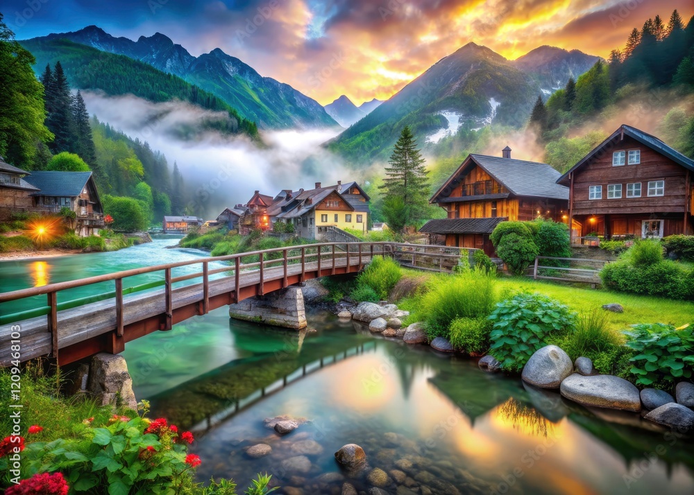 Fototapeta premium Peaceful mountain village scene; bridge over calm river, picturesque landscape photography.