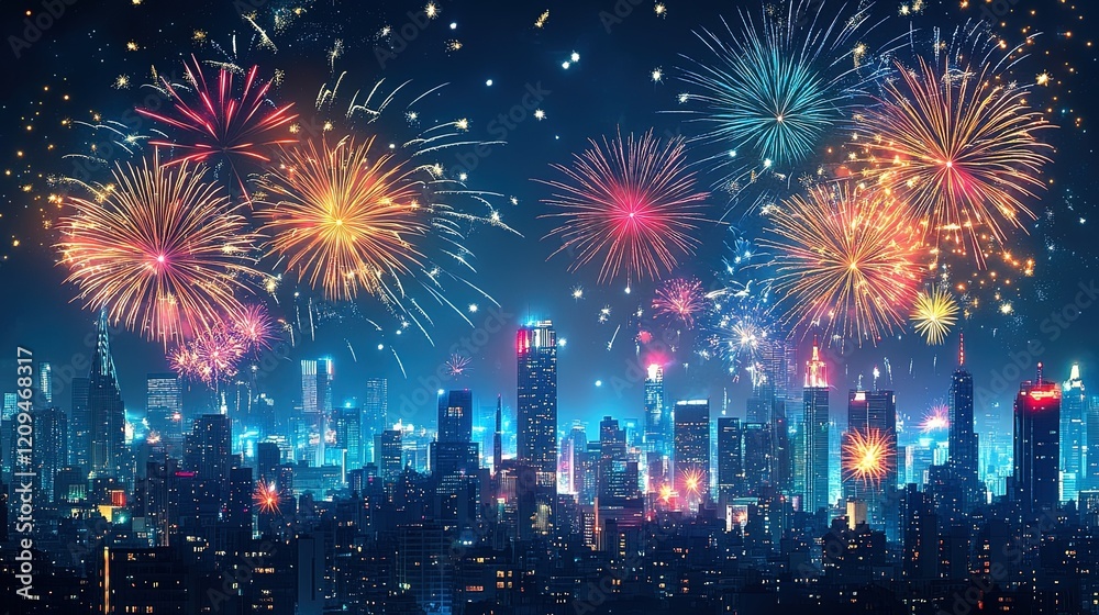 Fireworks illuminating the night sky over a bustling cityscape, festive and celebratory Fireworks illuminating the night sky over a bustling cityscape, festive and celebratory