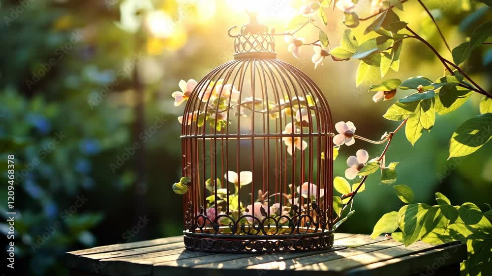 A vintage birdcage decorated with vines and blossoms, picture