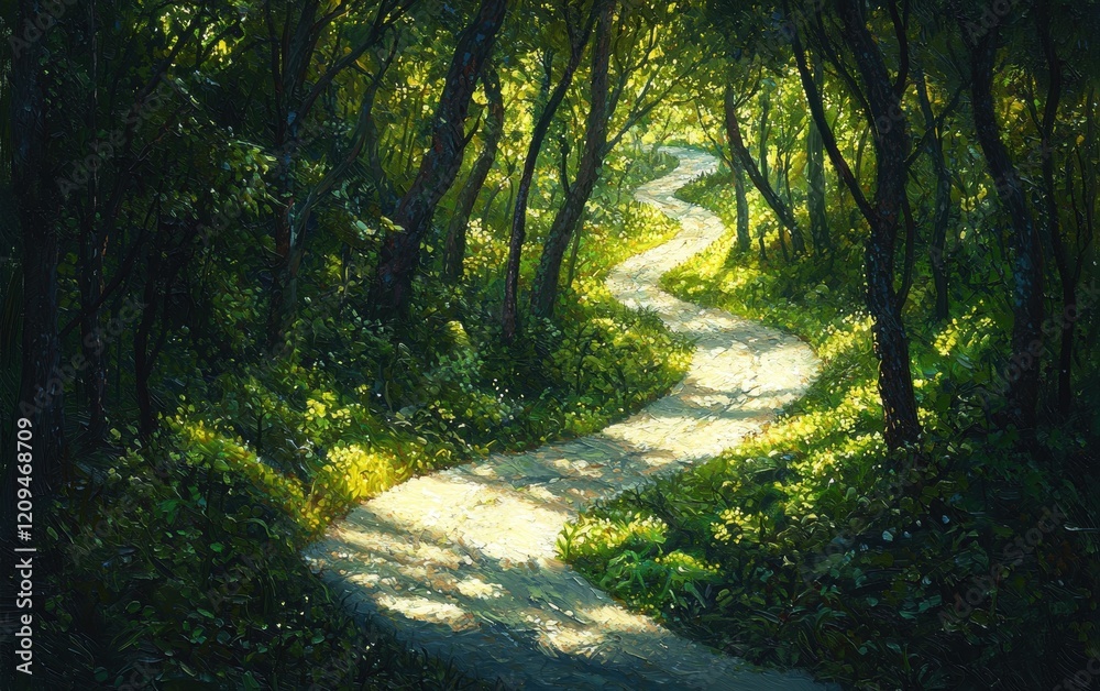 Obraz premium Serpentine road cutting through dense forest with dramatic shadows and sunlight