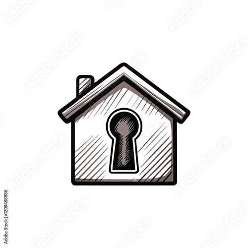 A minimalist illustration of a house with a keyhole as the front door, representing home and security for a home store.