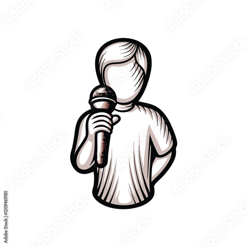 A simplified, cartoon-style illustration of a person speaking into a microphone. The person should have a friendly and approachable expression.