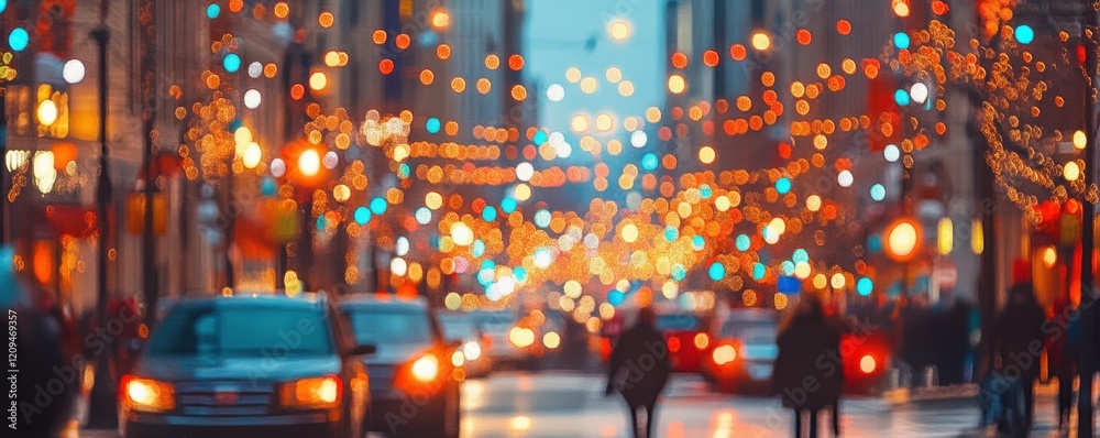 Fototapeta premium Vibrant holiday lights strung across a busy downtown street.