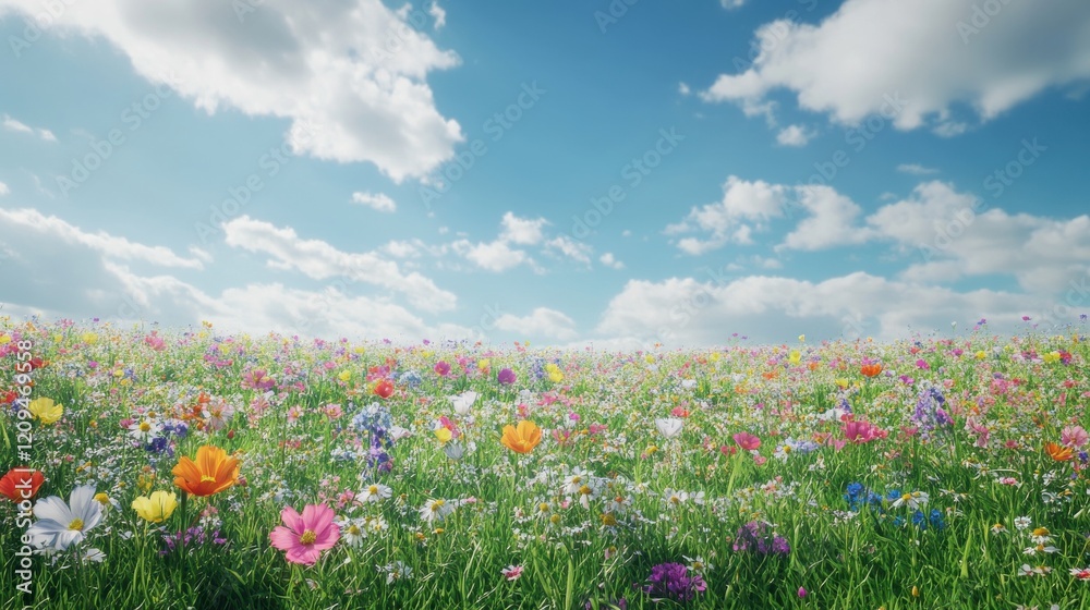 Obraz premium Vibrant wildflower meadow under a bright blue sky with fluffy white clouds.