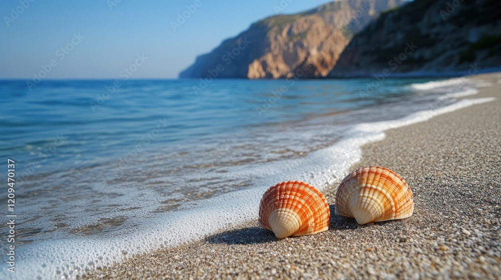 Obraz premium Seashells on beach, waves, coastal cliffs, summer