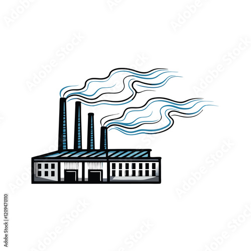 A minimalist silhouette of a factory emitting a gradient plume of smoke against a plain background.