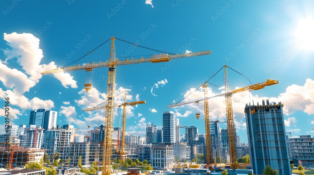 Naklejka premium Construction Cranes Skyline Cityscape Modern Buildings