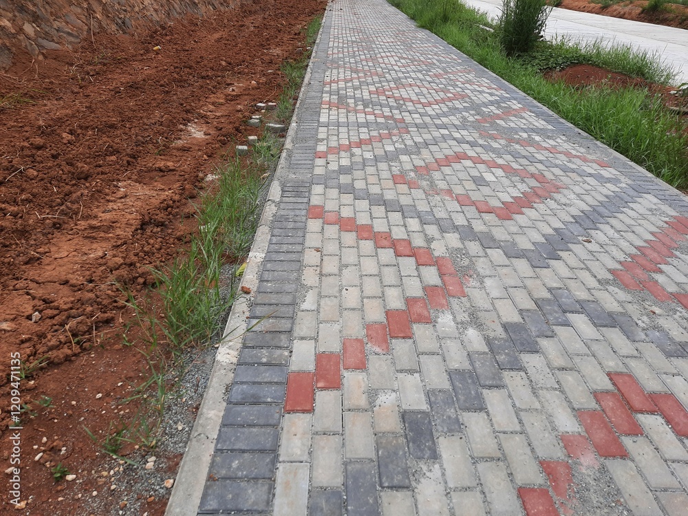 Obraz premium constructed brick walkway featuring red and grey patterns, with soil and small plants visible along the edge