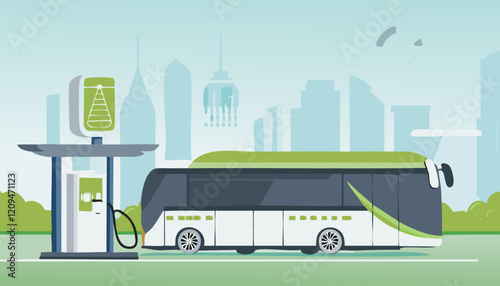 Transport bus refueling from a electric charging station.